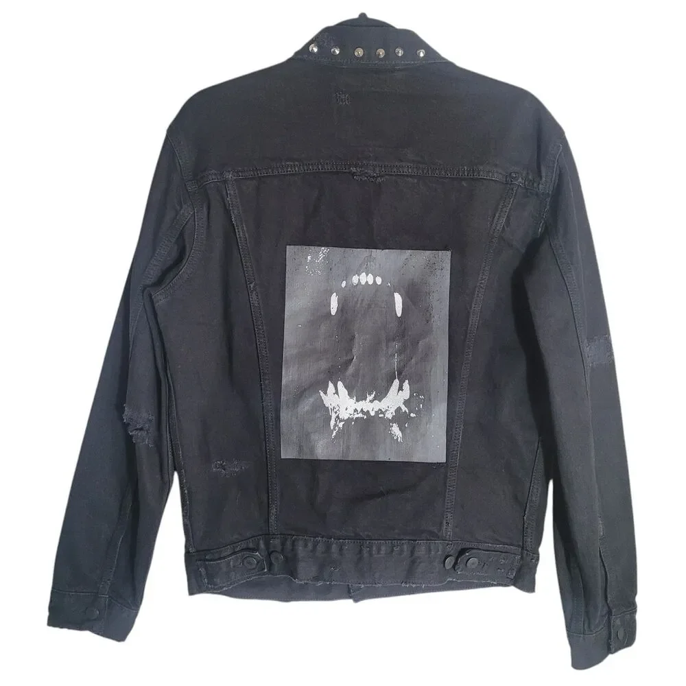 Keiser Clark Studded Distressed Denim Jacket Mens Size Medium Black Goth Graphic